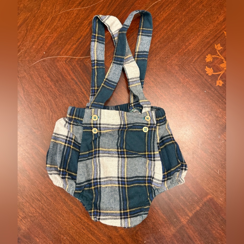 Babidu Plaid Teal & White Kids Suspender Romper 12M –  Adjustable Straps